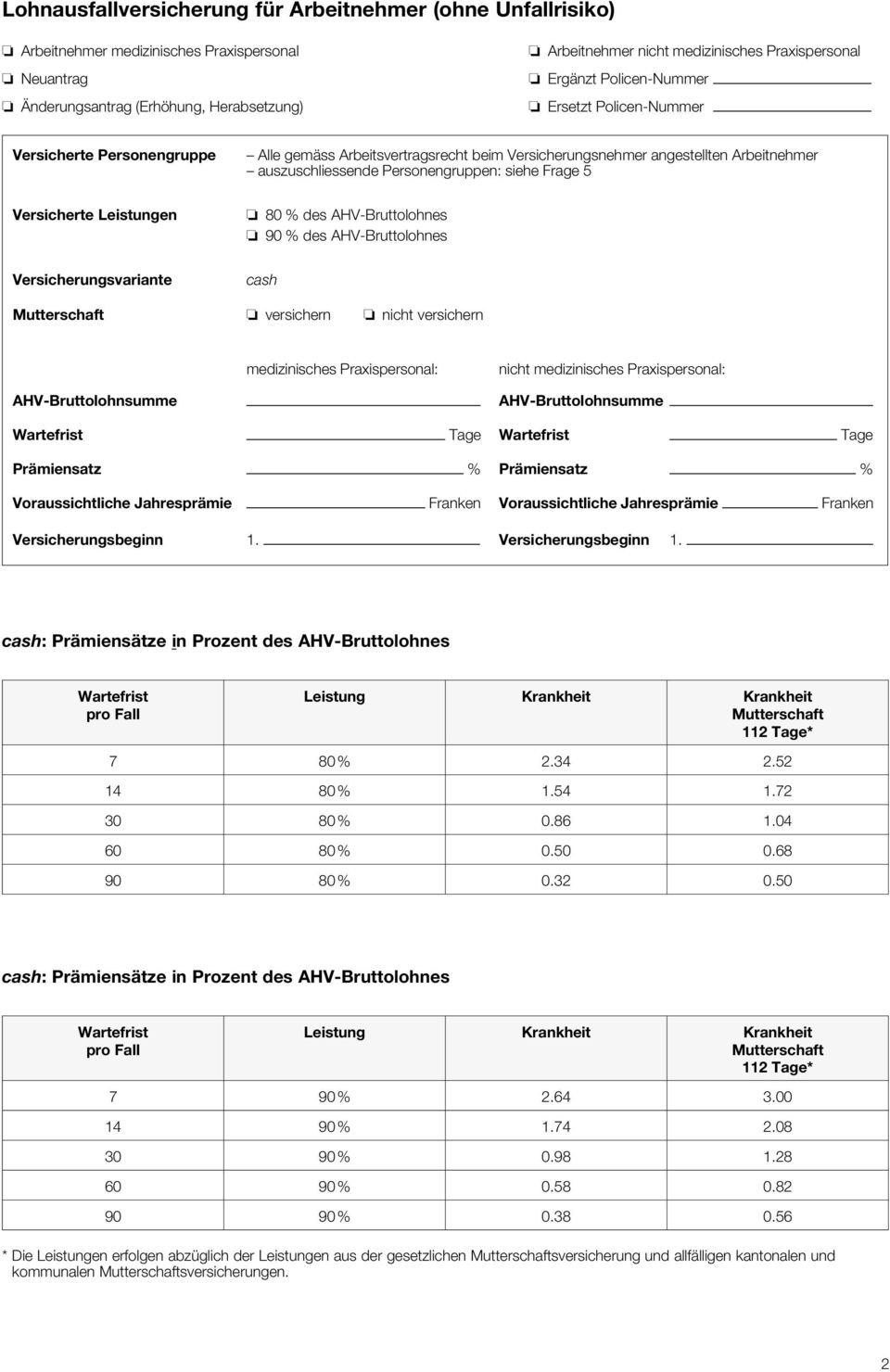 angestellten Arbeitnehmer auszuschliessende Personengruppen: siehe Frage 5 80 % des AHV-Bruttolohnes 90 % des AHV-Bruttolohnes cash versichern nicht versichern medizinisches Praxispersonal: _nicht