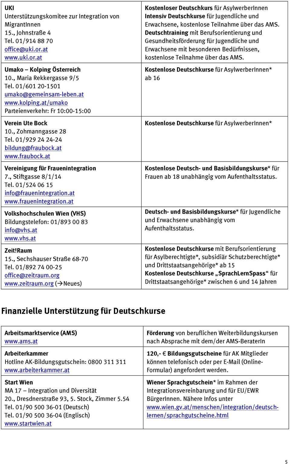 at www.fraubock.at Vereinigung für Frauenintegration 7., Stiftgasse 8/1/14 Tel. 01/524 06 15 info@frauenintegration.at www.frauenintegration.at Volkshochschulen Wien (VHS) Bildungstelefon: 01/893 00 83 info@vhs.