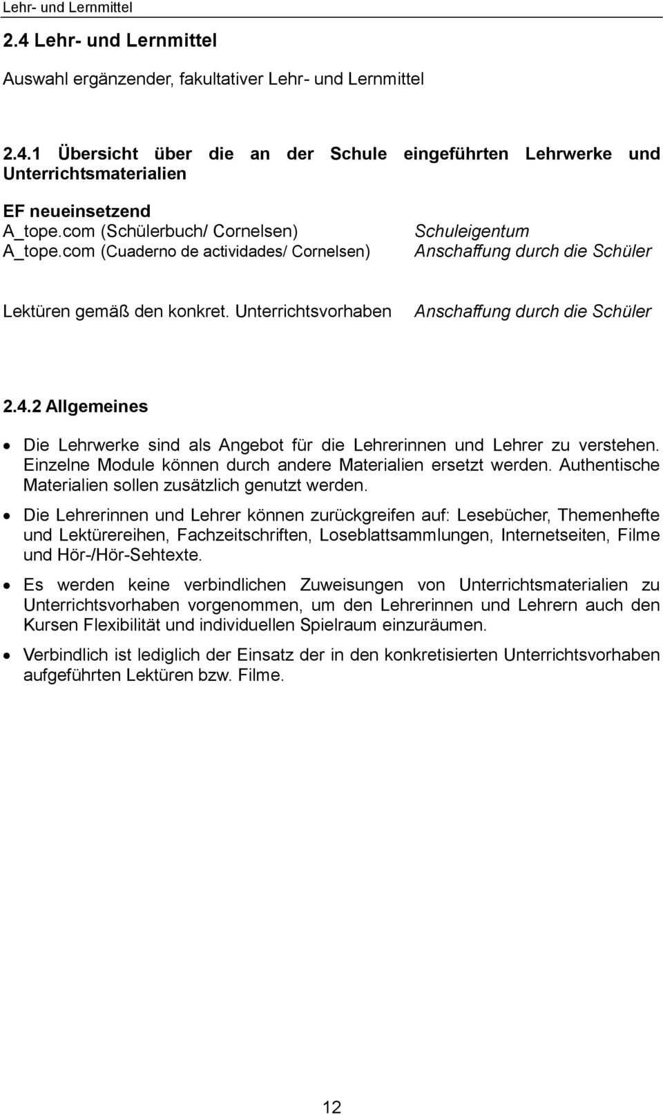 Unterrichtsvorhaben Anschaffung durch die Schüler 2.4.2 Allgemeines Die Lehrwerke sind als Angebot für die Lehrerinnen und Lehrer zu verstehen.