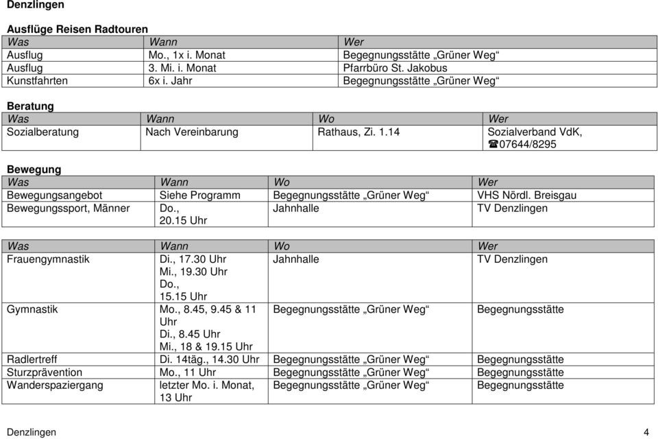 Breisgau ssport, Männer Do., 20.15 Uhr Jahnhalle TV Denzlingen Frauengymnastik Di., 17.30 Uhr Jahnhalle TV Denzlingen Mi., 19.30 Uhr Do., 15.15 Uhr Gymnastik Mo., 8.45, 9.