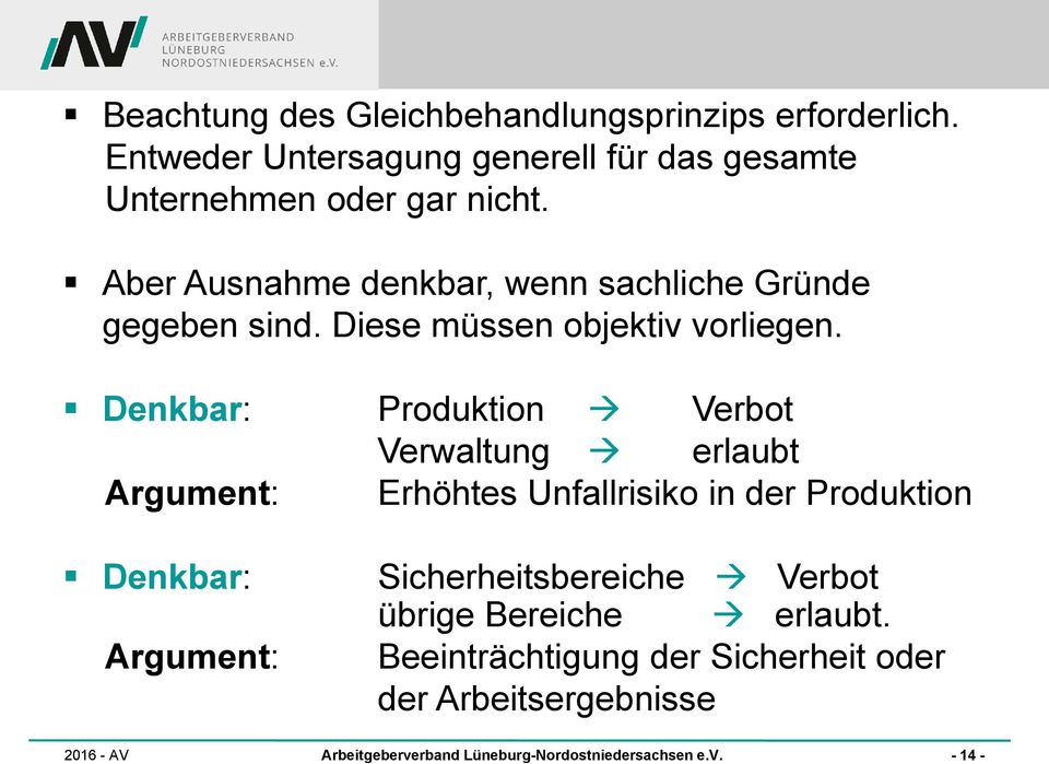 Denkbar: Produktion Verbot Verwaltung erlaubt Argument: Erhöhtes Unfallrisiko in der Produktion Denkbar: Sicherheitsbereiche