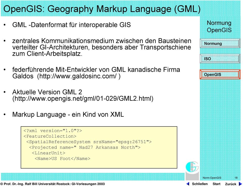 federführende Mit-Entwickler von GML kanadische Firma Galdos (http://www.galdosinc.com/ ) Aktuelle Version GML 2 (http://www.opengis.