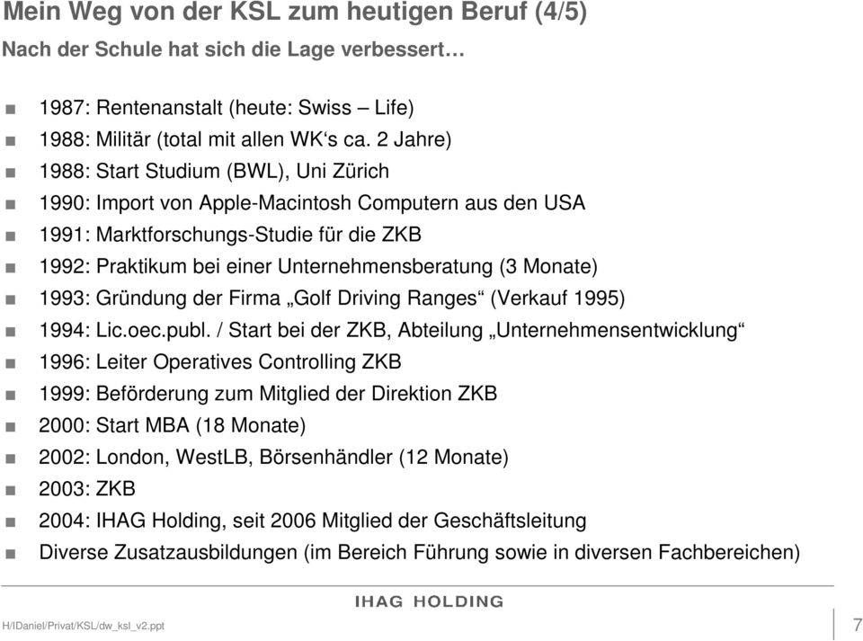 Monate) 1993: Gründung der Firma Golf Driving Ranges (Verkauf 1995) 1994: Lic.oec.publ.
