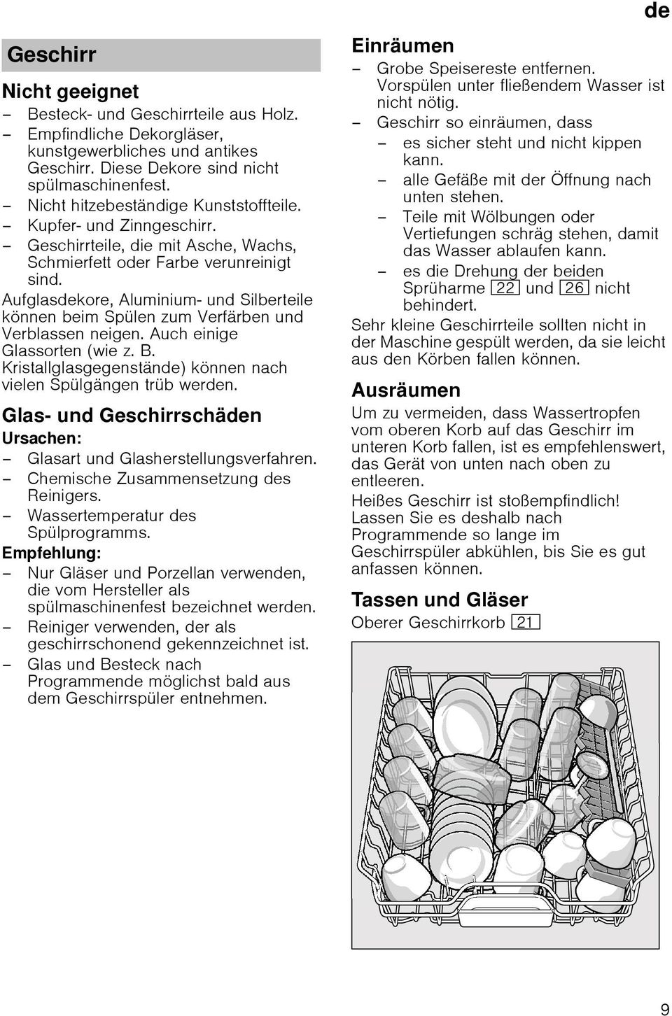 Aufglasdekore, Aluminium- und Silberteile können beim Spülen zum Verfärben und Verblassen neigen. Auch einige Glassorten (wie z. B. Kristallglasgegenstände) können nach vielen Spülgängen trüb werden.