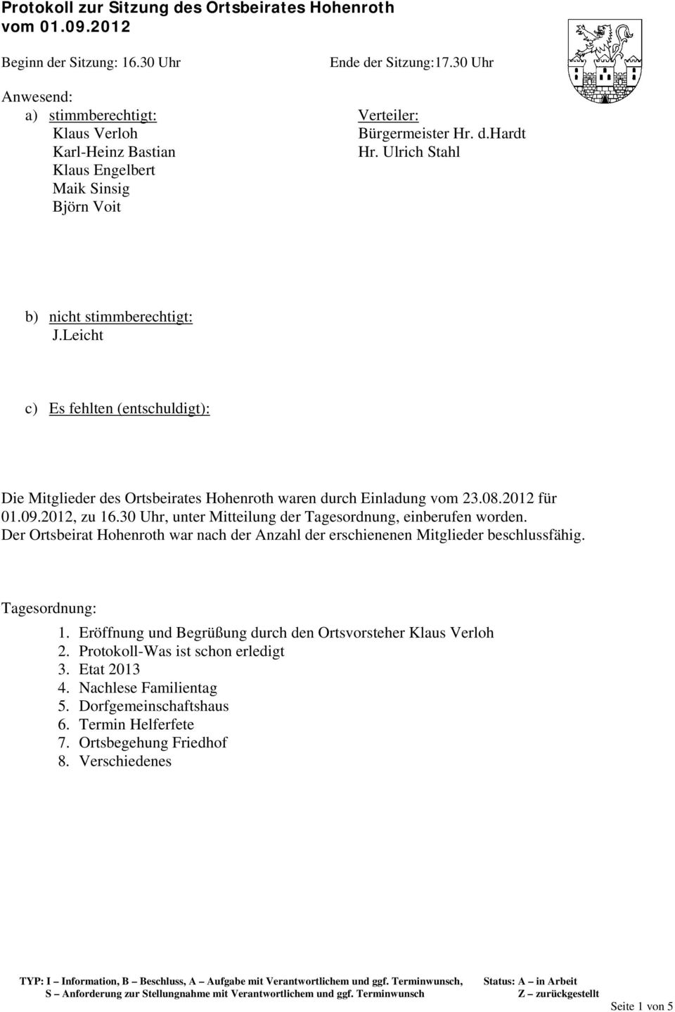 2012 für 01.09.2012, zu 16.30 Uhr, unter Mitteilung der Tagesordnung, einberufen worden. Der Ortsbeirat Hohenroth war nach der nzahl der erschienenen Mitglieder beschlussfähig. Tagesordnung: 1.