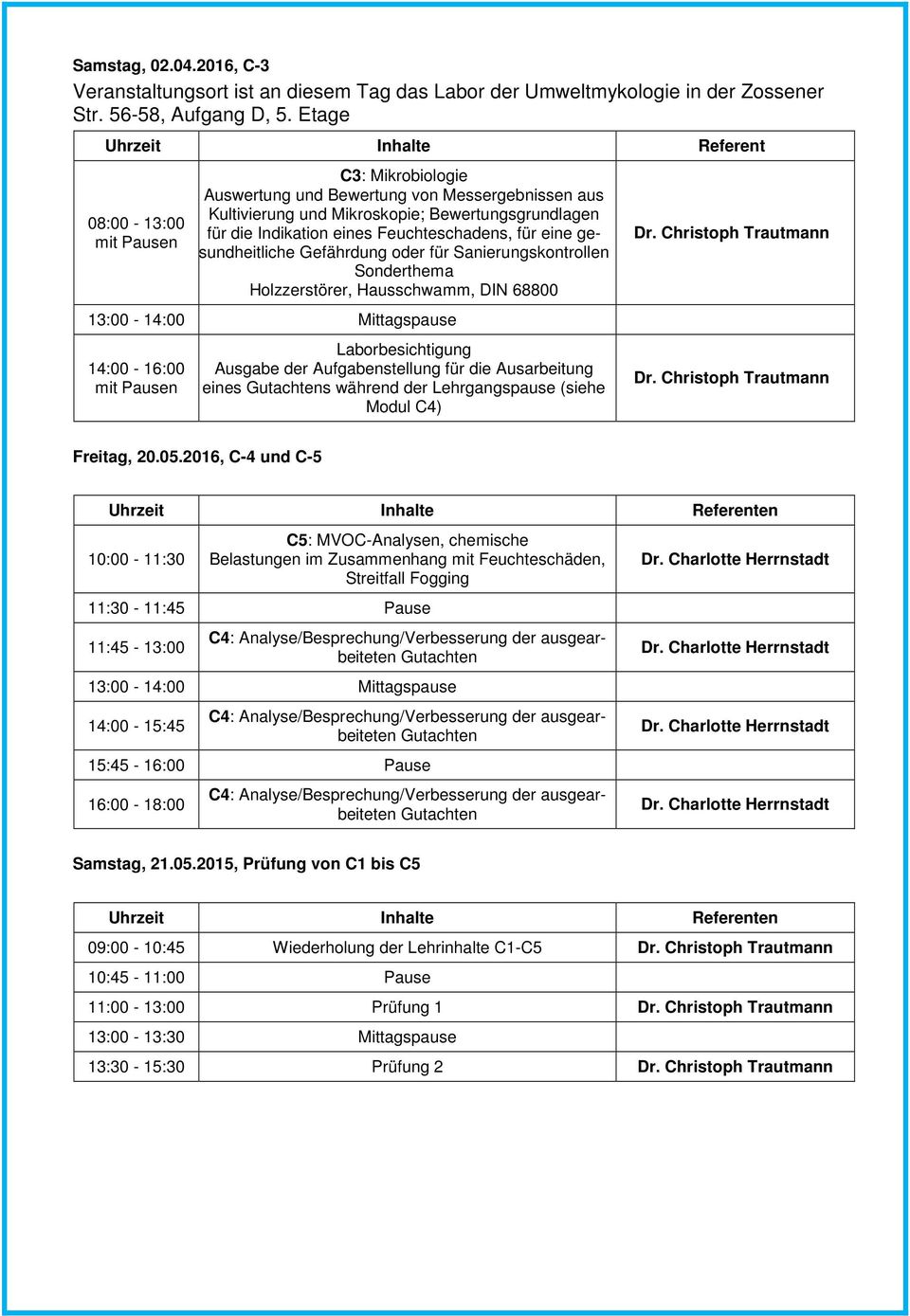 Feuchteschadens, für eine gesundheitliche Gefährdung oder für Sanierungskontrollen Sonderthema Holzzerstörer, Hausschwamm, DIN 68800 13:00-14:00 Mittagspause 14:00-16:00 mit Pausen Laborbesichtigung