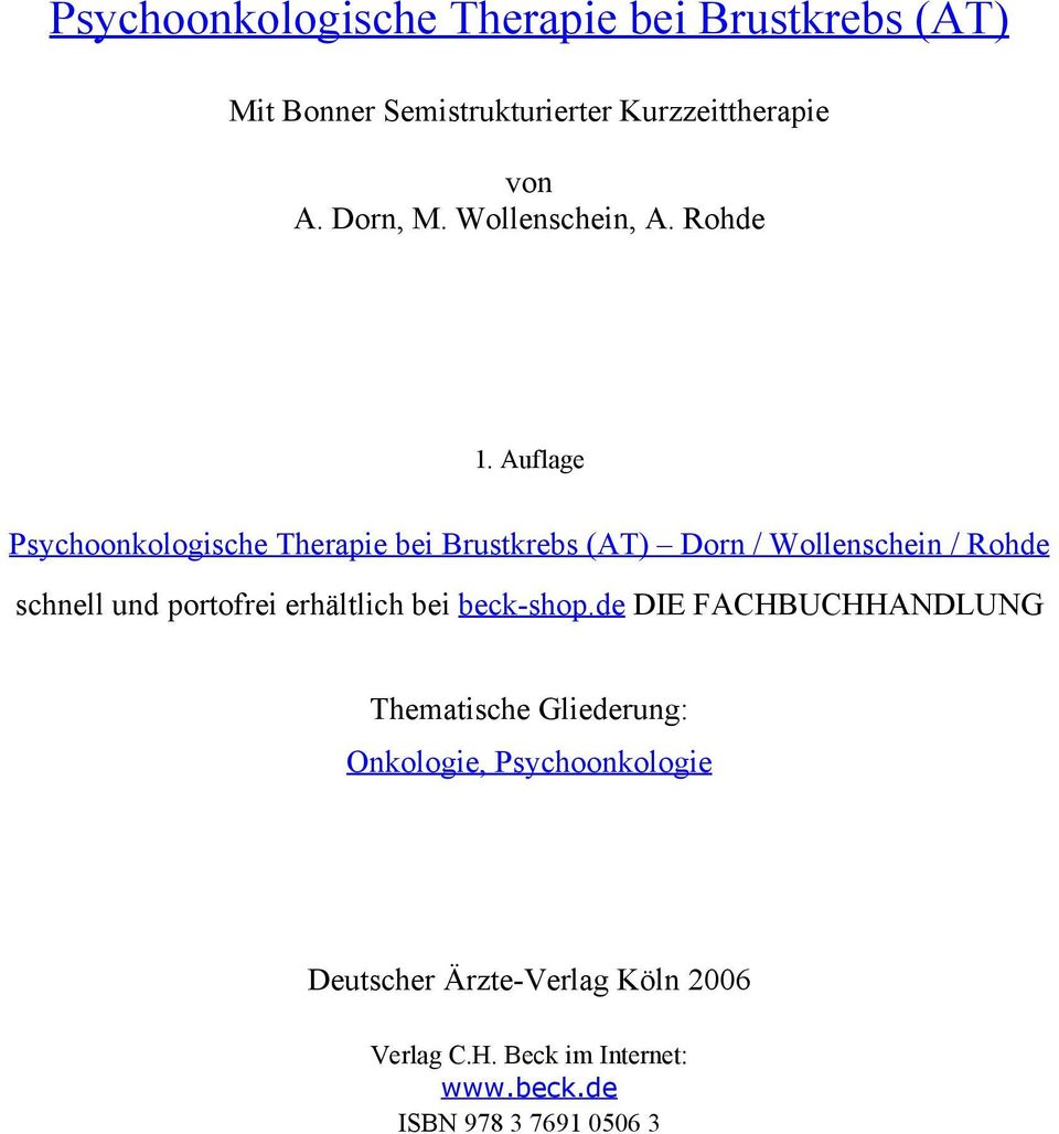 Auflage Psychoonkologische Therapie bei Brustkrebs (AT) Dorn / Wollenschein / Rohde schnell und portofrei