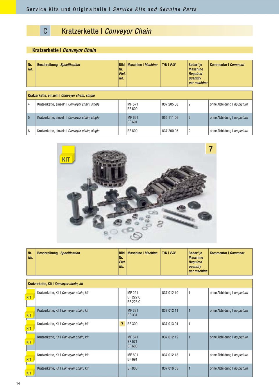 7 Kratzerkette, Kit Conveyor chain, kit Kratzerkette, Kit Conveyor chain, kit MF 221 BF 222 C BF 223 C Kratzerkette, Kit Conveyor chain, kit MF 331 837 012 10 1 ohne Abbildung no picture 837 012 11 1