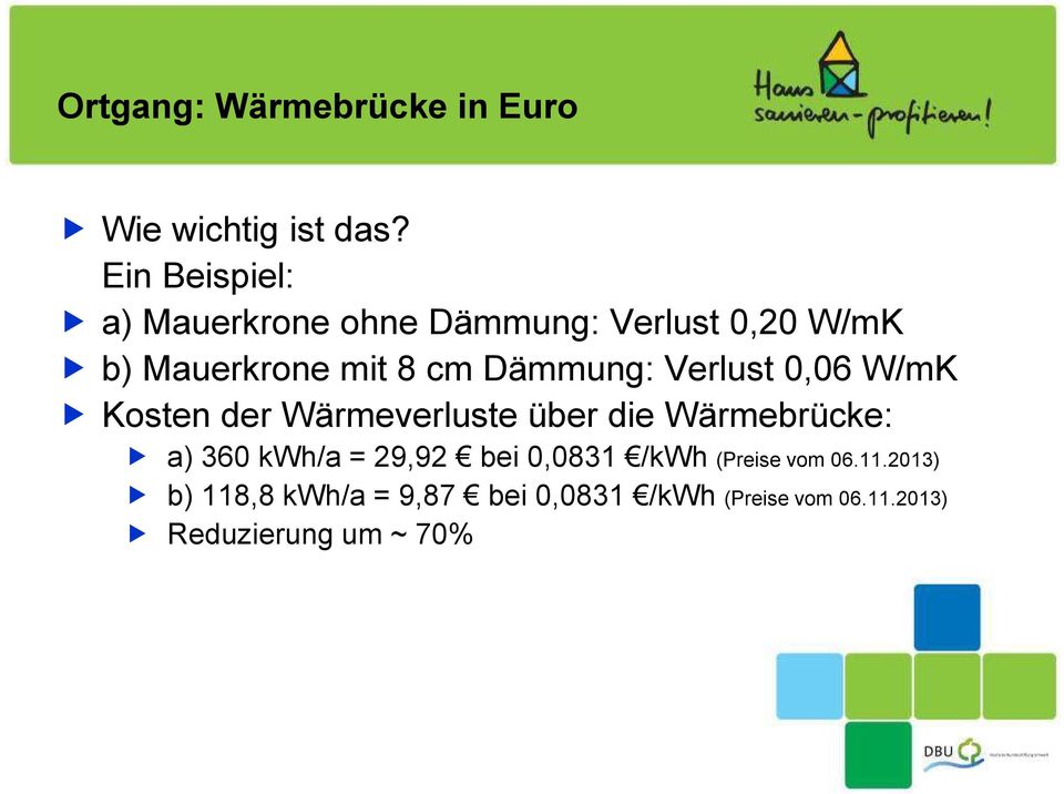 Dämmung: Verlust 0,06 W/mK Kosten der Wärmeverluste über die Wärmebrücke: a) 360 kwh/a