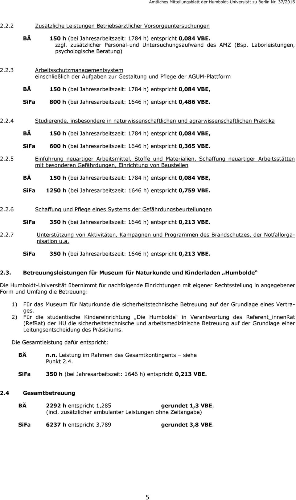 2.3 Arbeitsschutzmanagementsystem einschließlich der Aufgaben zur Gestaltung und Pflege der AGUM-Plattform 150 h (bei Jahresarbeitszeit: 1784 h) entspricht 0,084 VBE, 800 h (bei Jahresarbeitszeit: