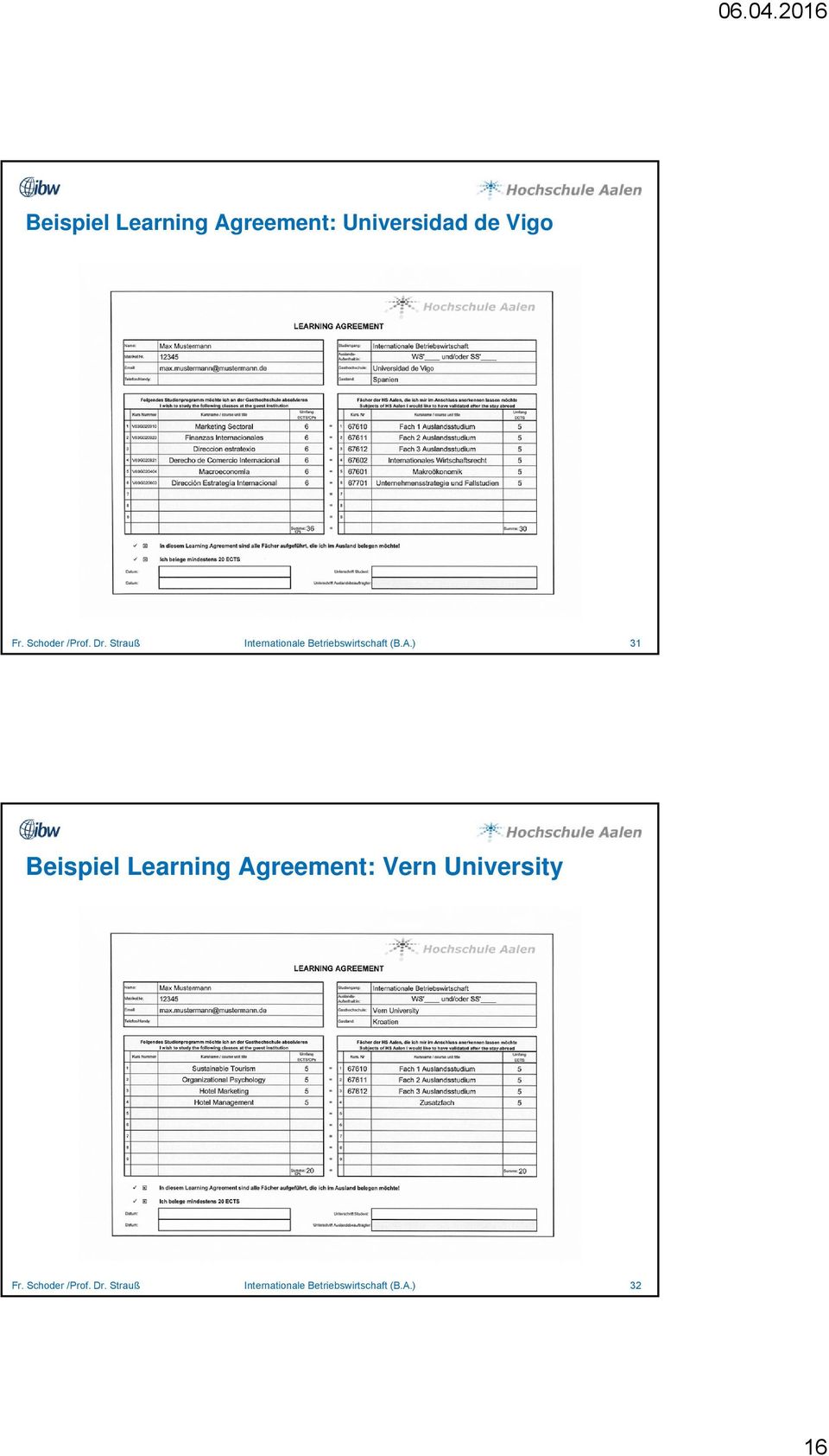 ) 31 Beispiel Learning Agreement: Vern
