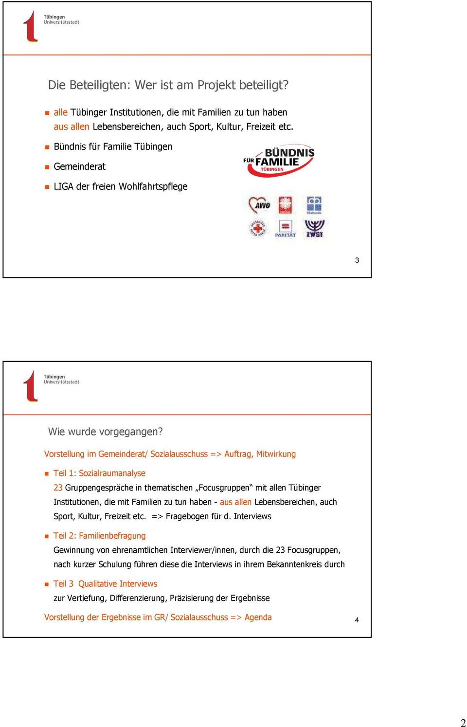 Vorstellung im Gemeinderat/ Sozialausschuss => Auftrag, Mitwirkung Teil 1: Sozialraumanalyse 23 Gruppengespräche in thematischen Focusgruppen mit allen Tübinger Institutionen, die mit Familien zu tun