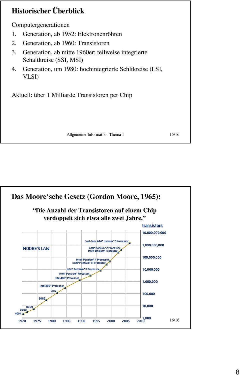 Generation, um 1980: hochintegrierte Schltkreise (LSI, VLSI) Aktuell: über 1 Milliarde Transistoren per Chip Allgemeine Informatik - Thema 1