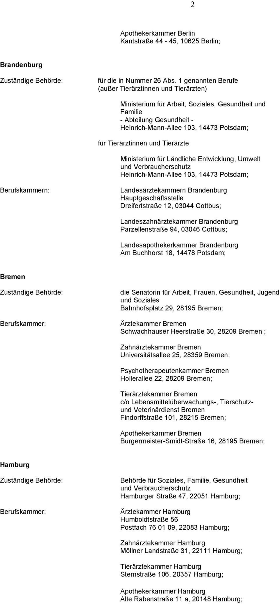 Ländliche Entwicklung, Umwelt Heinrich-Mann-Allee 103, 14473 Potsdam; Berufskammern: Landesärztekammern Brandenburg Hauptgeschäftsstelle Dreifertstraße 12, 03044 Cottbus; Landeszahnärztekammer