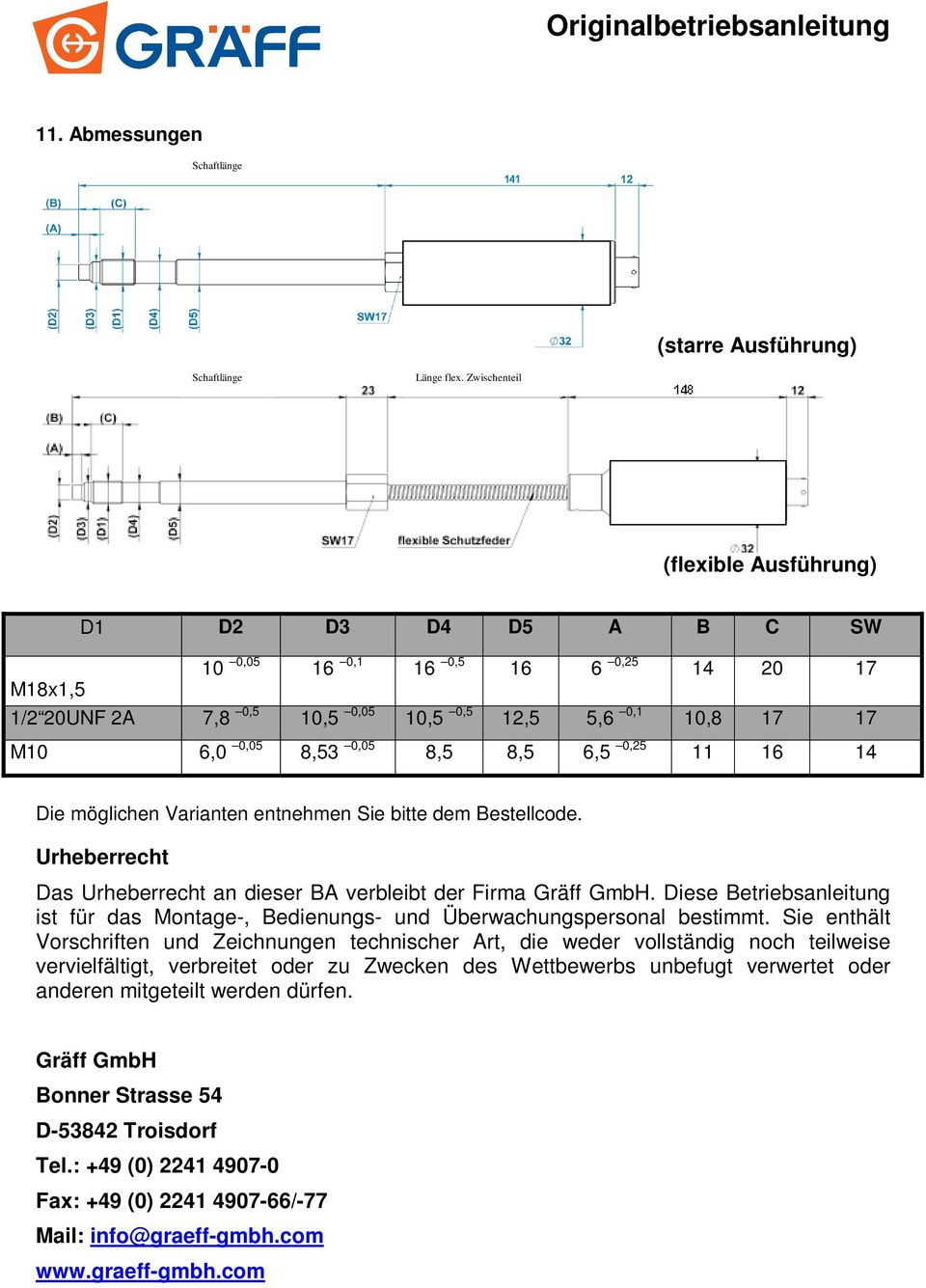 8,5 6,5 0,25 11 16 14 Die möglichen Varianten entnehmen Sie bitte dem Bestellcode. Urheberrecht Das Urheberrecht an dieser BA verbleibt der Firma Gräff GmbH.