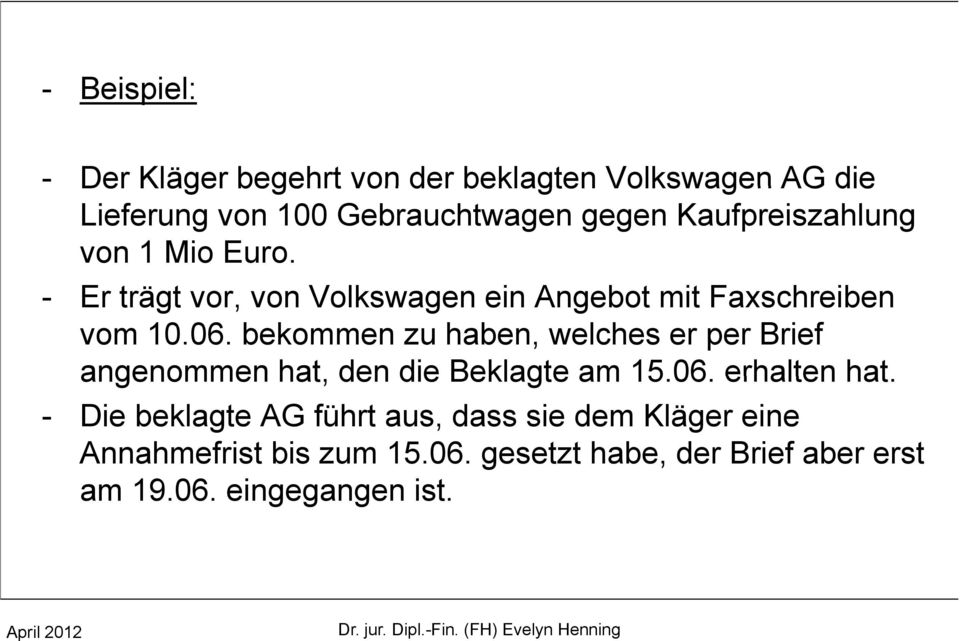 gegen Kaufpreiszahlung von 1 Mio Euro. - Er trägt vor, von Volkswagen ein Angebot mit Faxschreiben vom 10.06.
