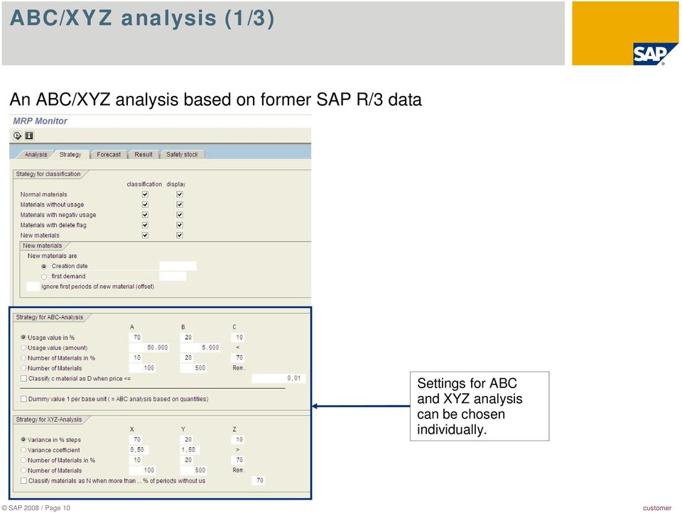 Settings for ABC and XYZ analysis can be