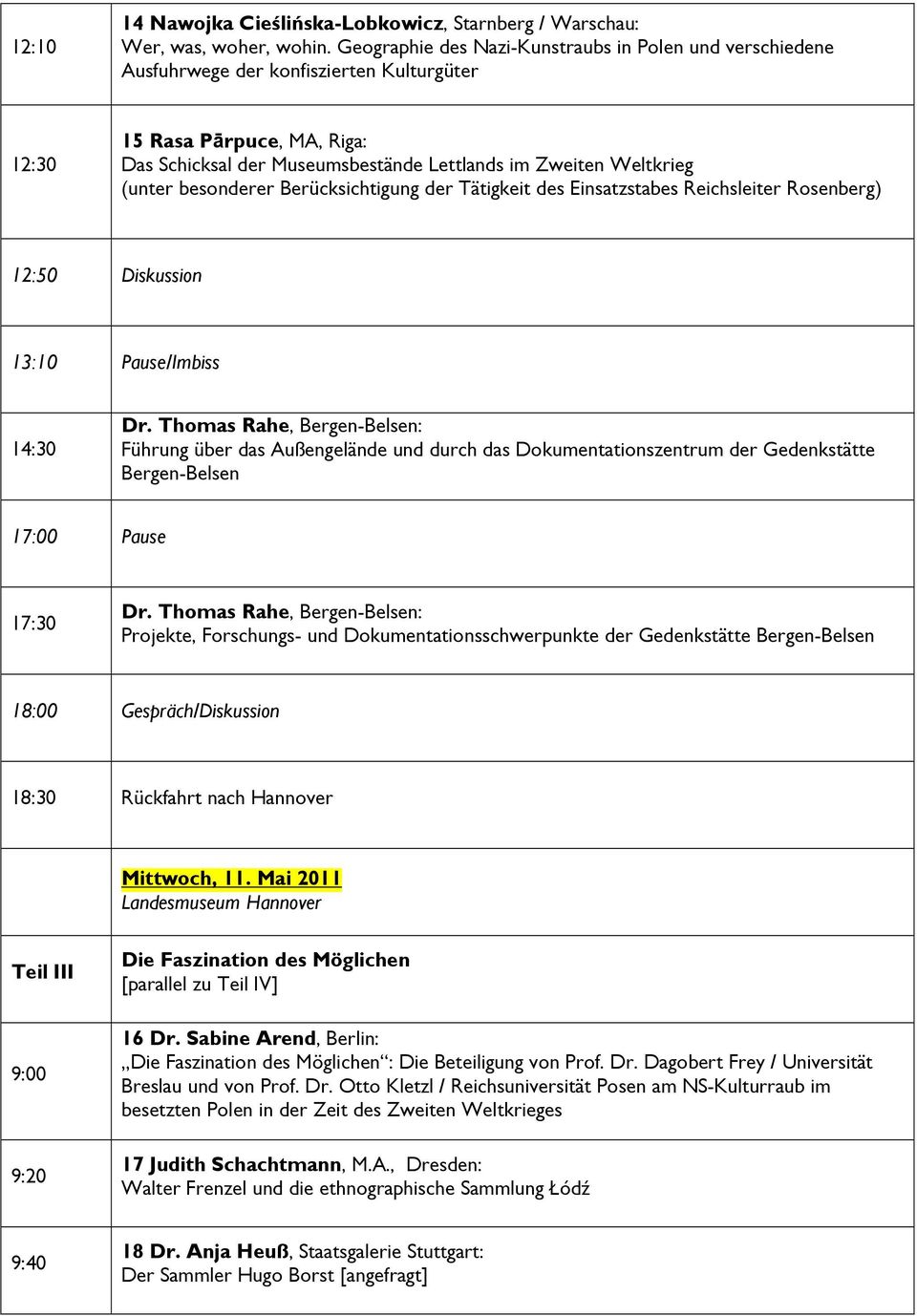 (unter besonderer Berücksichtigung der Tätigkeit des Einsatzstabes Reichsleiter Rosenberg) 12:50 13:10 /Imbiss 14:30 Dr.