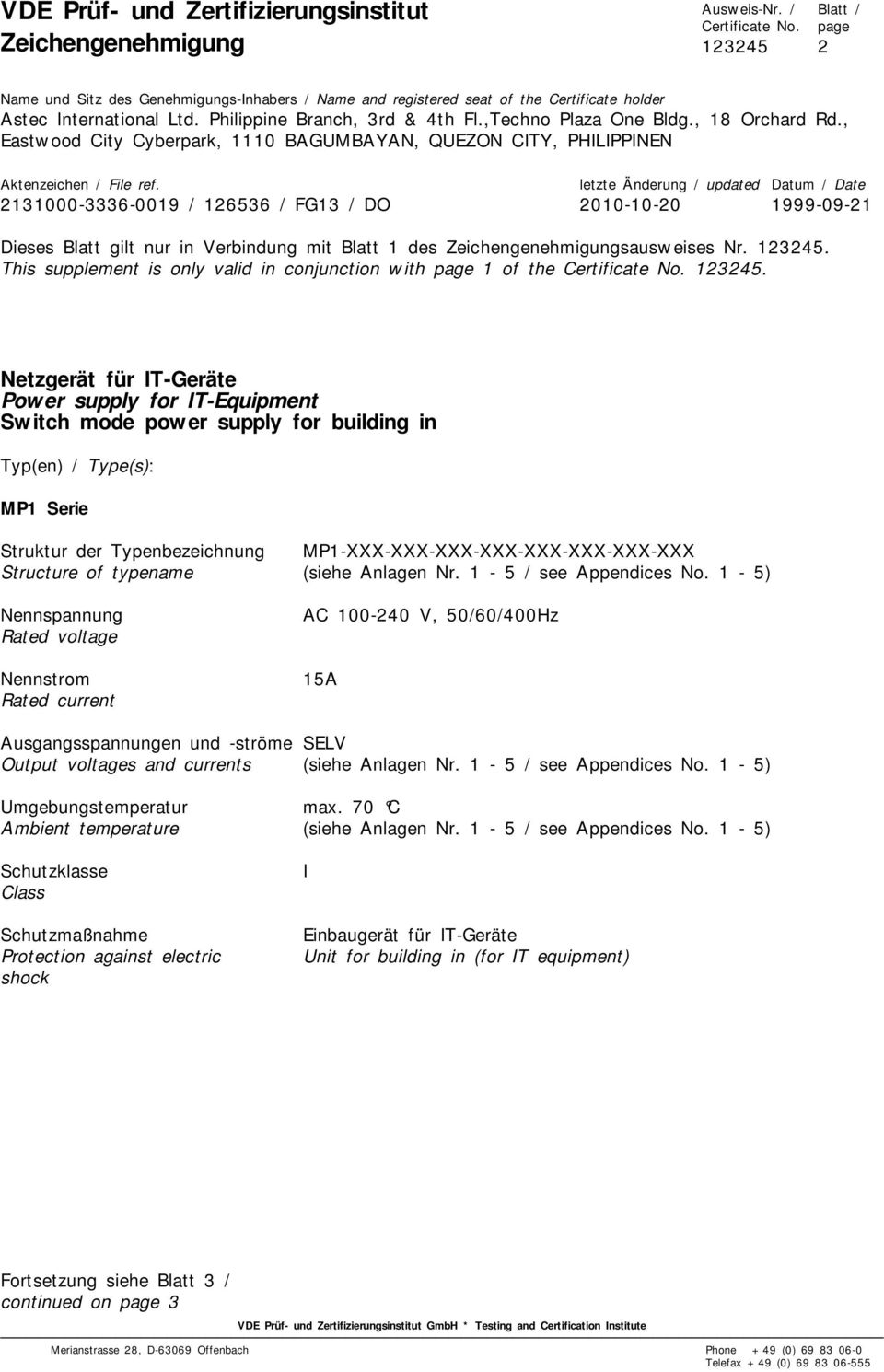 of typename (siehe Anlagen Nr. 1-5 / see Appendices No.