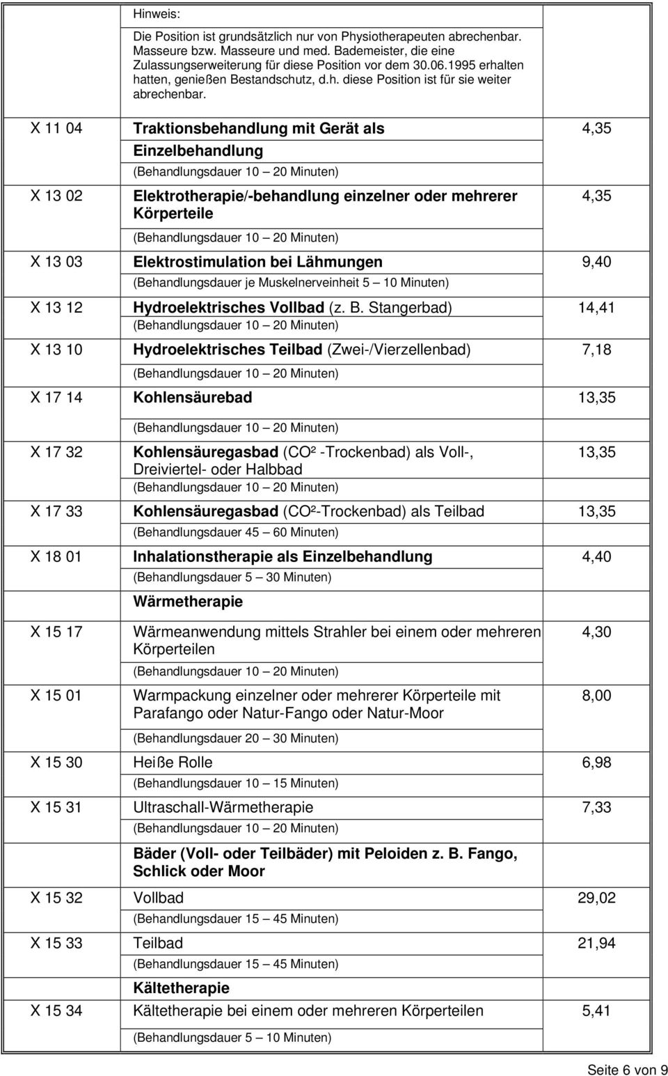 Traktionsbehandlung mit Gerät als Elektrotherapie/-behandlung einzelner oder mehrerer Körperteile Elektrostimulation bei Lähmungen (Behandlungsdauer je Muskelnerveinheit 5 10 Minuten)