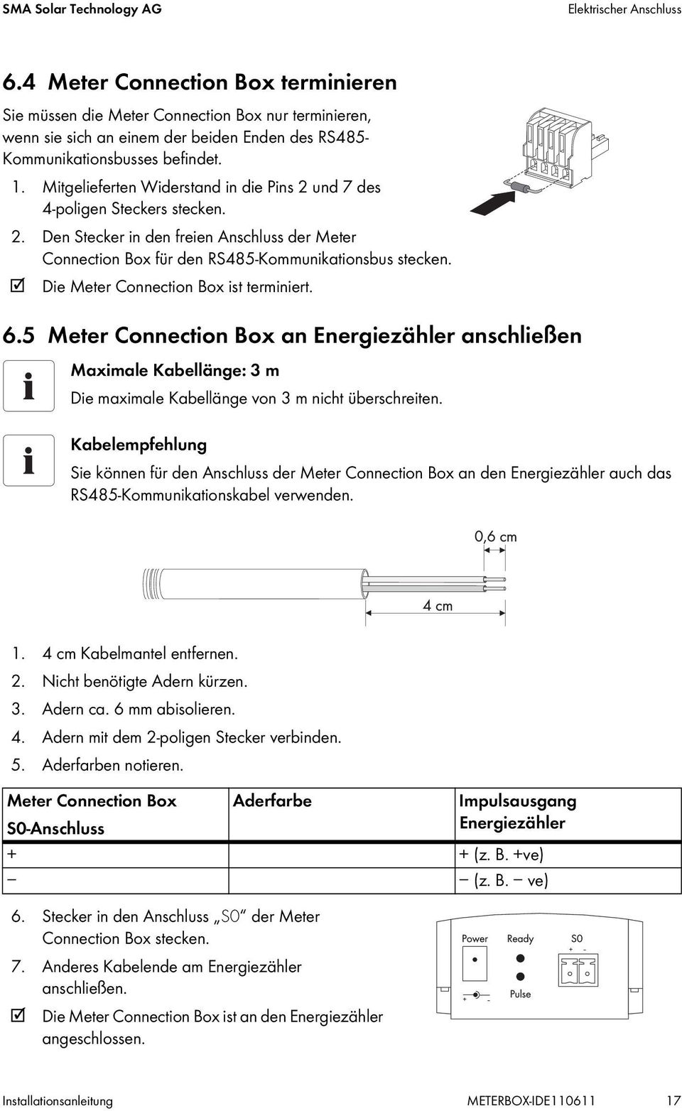 Mitgelieferten Widerstand in die Pins 2 und 7 des 4-poligen Steckers stecken. 2. Den Stecker in den freien Anschluss der Meter Connection Box für den RS485-Kommunikationsbus stecken.