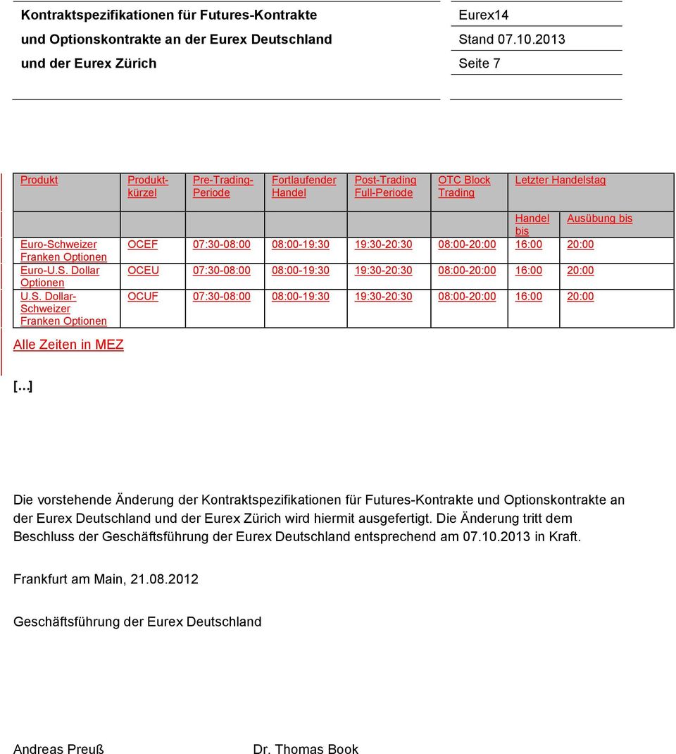 16:00 20:00 OCUF 07:30-08:00 08:00-19:30 19:30-20:30 08:00-20:00 16:00 20:00 Die vorstehende Änderung der Kontraktspezifikationen für Futures-Kontrakte und Optionskontrakte an der Eurex Deutschland