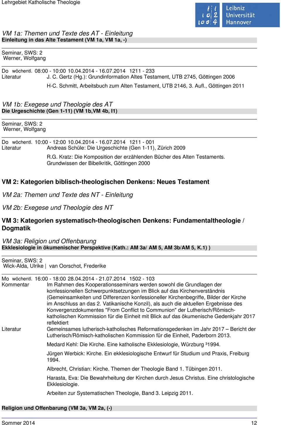 , Göttingen 2011 VM 1b: Exegese und Theologie des AT Die Urgeschichte (Gen 1-11) (VM 1b,VM 4b, I1) Werner, Wolfgang Do wöchentl. 10:00-12:00 10.04.2014-16.07.