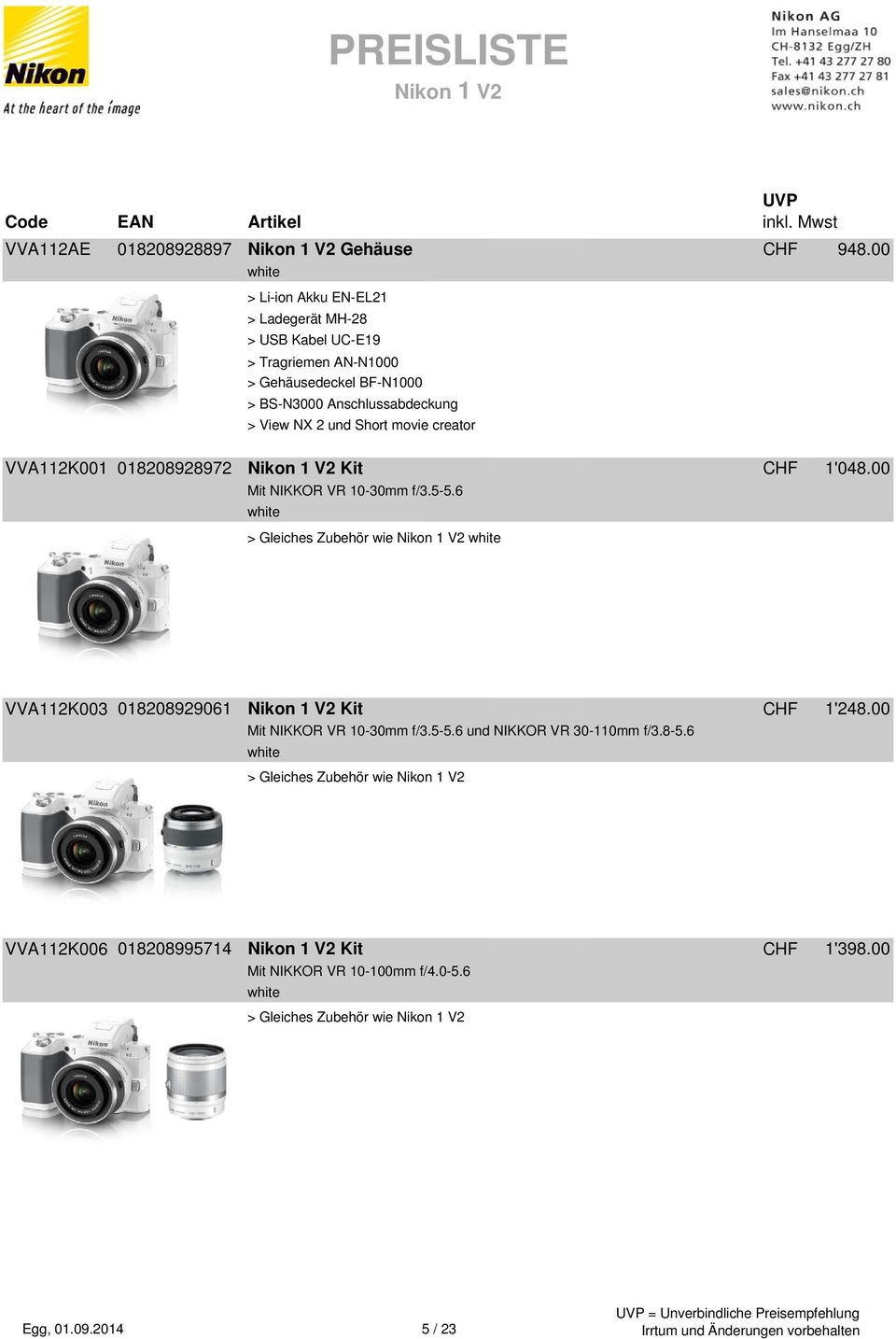 creator VVA112K001 018208928972 Nikon 1 V2 Kit CHF 1'048.00 Mit NIKKOR VR 10-30mm f/3.5-5.
