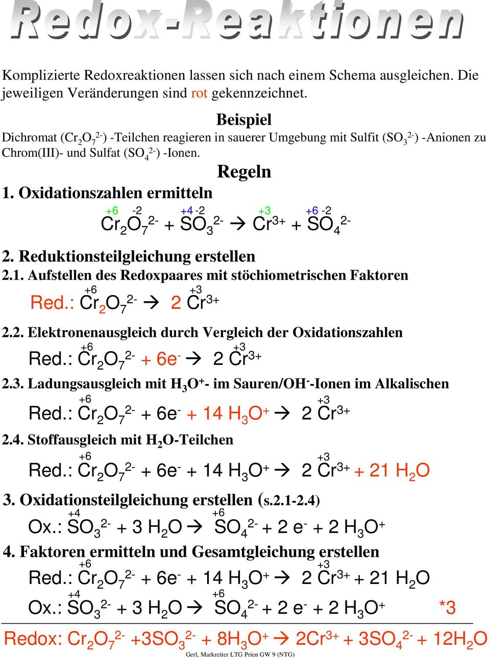 xidationszahlen ermitteln +6-2 +4-2 +3 +6-2 Cr 2 7 + S 3 Cr 3+ + S 4 2. Reduktionsteilgleichung erstellen 2.1. Aufstellen des Redoxpaares mit stöchiometrischen aktoren Red.: Cr 2 7 2 Cr 3+ 2.2. Elektronenausgleich durch Vergleich der xidationszahlen Red.
