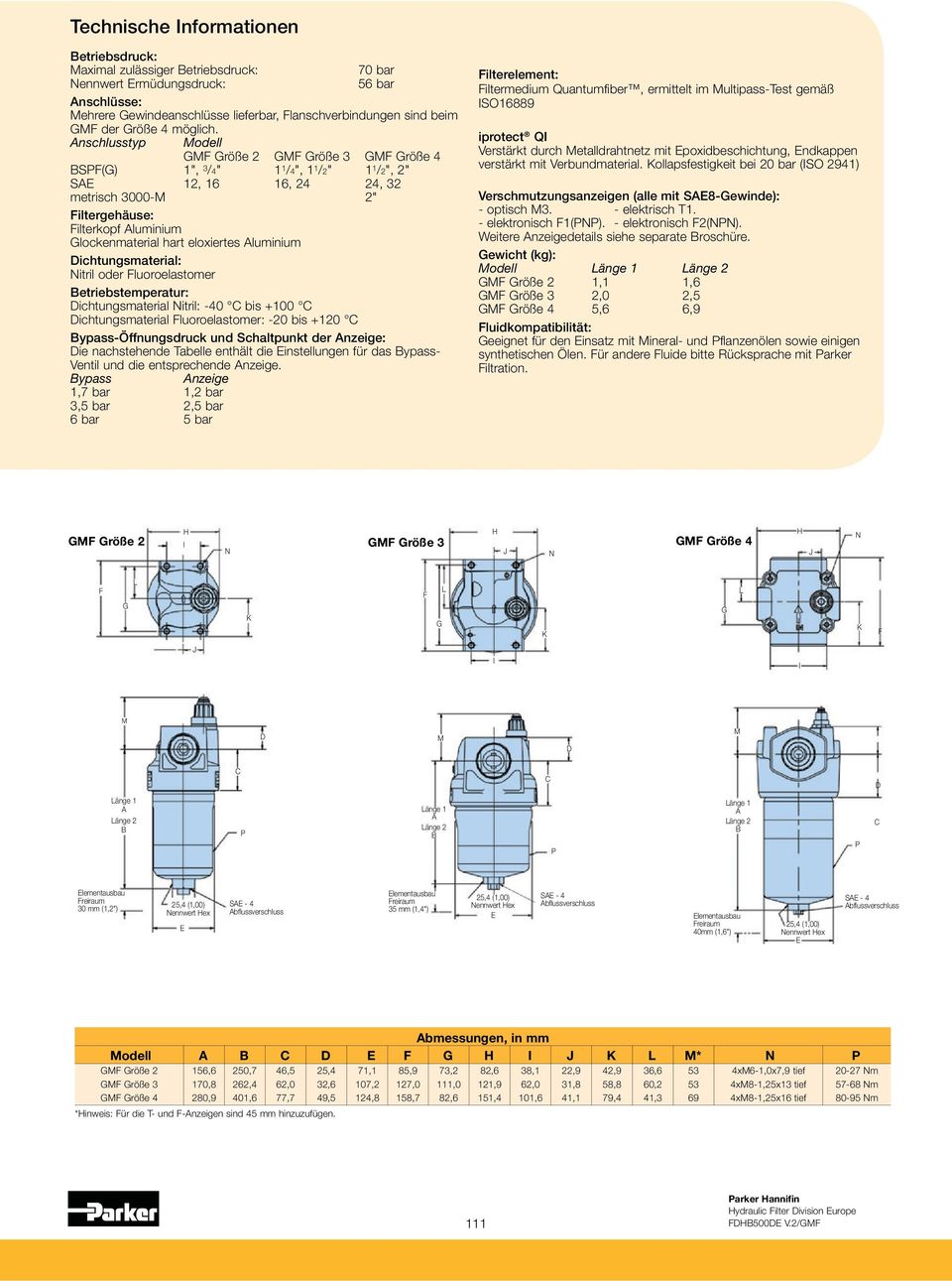 Anschlusstyp Modell GMF Größe GMF Größe 3 GMF Größe 4 BSPF(G) ", 3 /4" /4", /" /", " SAE, 6 6, 4 4, 3 metrisch 3M " Filtergehäuse: Filterkopf Aluminium Glockenmaterial hart eloxiertes Aluminium