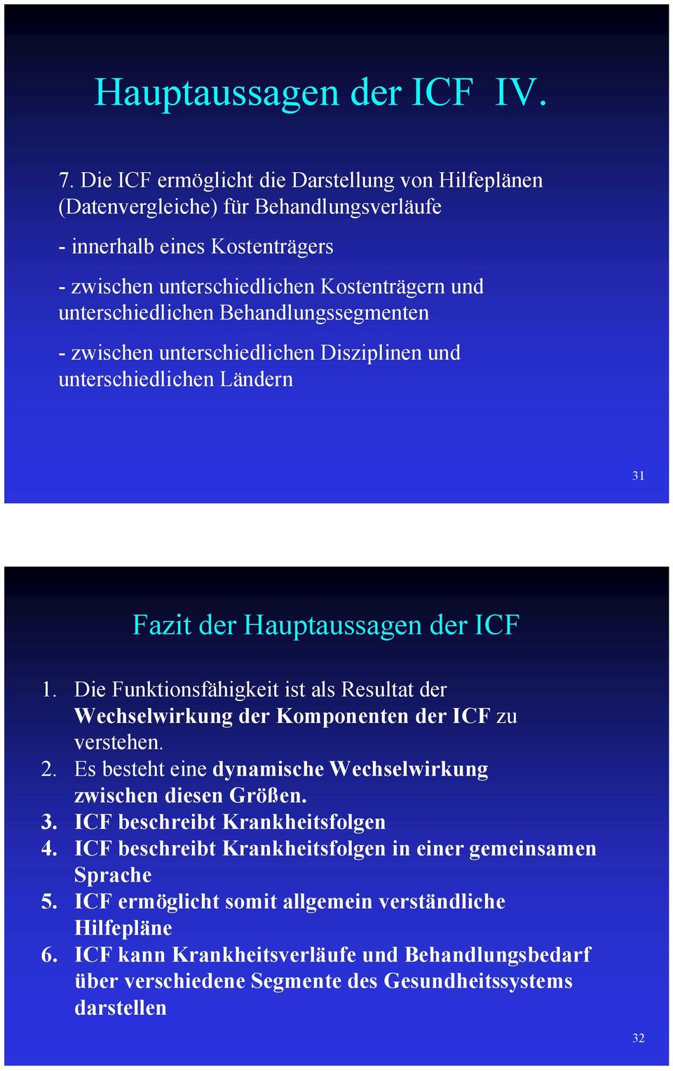 Behandlungssegmenten -zwischen unterschiedlichen Disziplinen und unterschiedlichen Ländern 31 Fazit der Hauptaussagen der ICF 1.