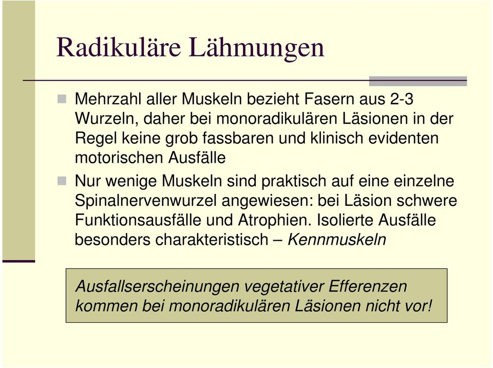 einzelne Spinalnervenwurzel angewiesen: bei Läsion schwere Funktionsausfälle und Atrophien.