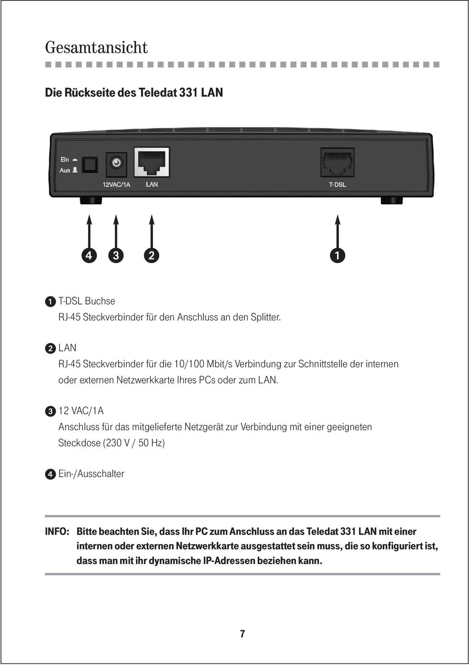 12 VAC/1A Anschluss für das mitgelieferte Netzgerät zur Verbindung mit einer geeigneten Steckdose (230 V / 50 Hz) Ein-/Ausschalter INFO: Bitte beachten