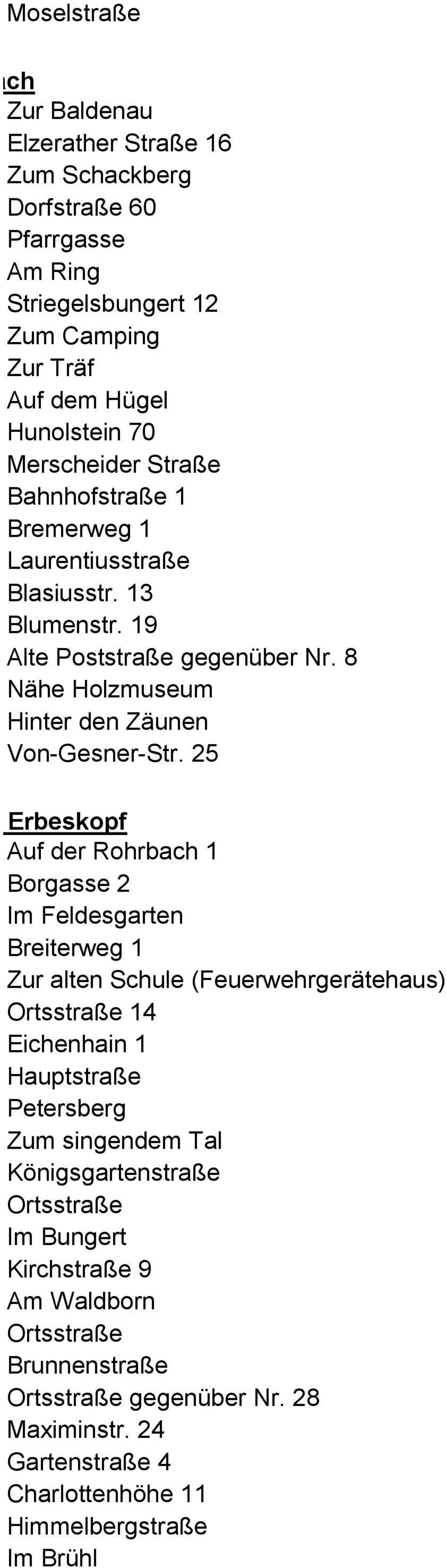 25 lfang am Erbeskopf Auf der Rohrbach 1 Borgasse 2 Im Feldesgarten Breiterweg 1 Zur alten Schule (Feuerwehrgerätehaus) Ortsstraße 14 Eichenhain 1 Hauptstraße Petersberg Zum