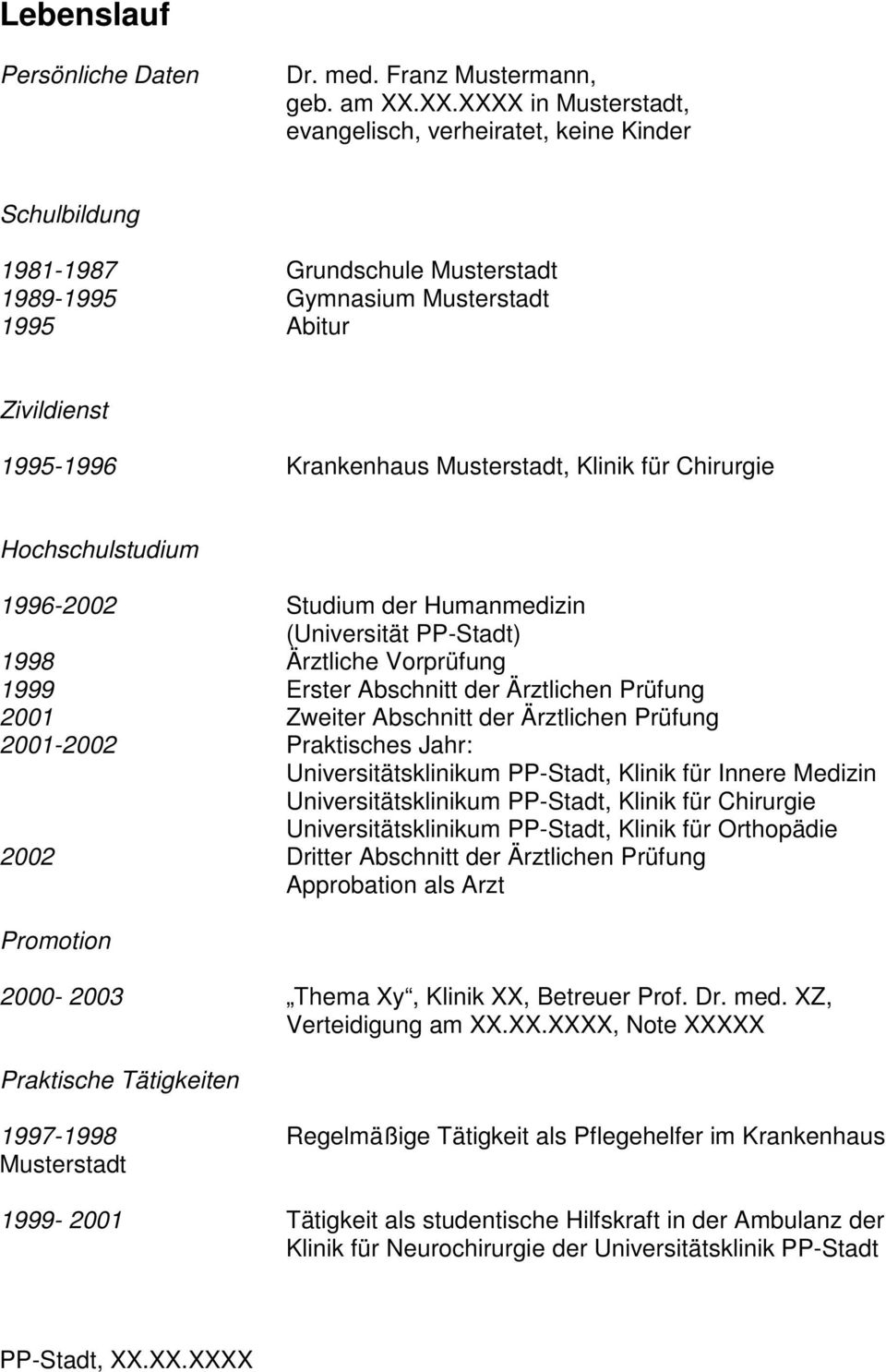 Musterstadt, Klinik für Chirurgie Hochschulstudium 1996-2002 Studium der Humanmedizin (Universität PP-Stadt) 1998 Ärztliche Vorprüfung 1999 Erster Abschnitt der Ärztlichen Prüfung 2001 Zweiter