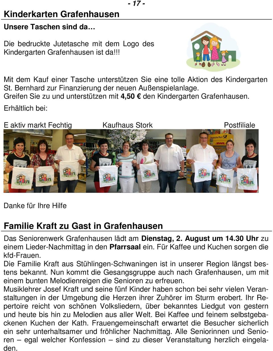 Greifen Sie zu und unterstützen mit 4,50 den Kindergarten Grafenhausen.