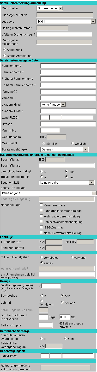 C C 1 2 Ihr Dienstgebername, Beitragskontonummer und zuständiger Versicherungsträger sind bereits automatisch mit den Daten aus Ihren Stammdaten befüllt. Anmeldung ist bereits angeklickt.