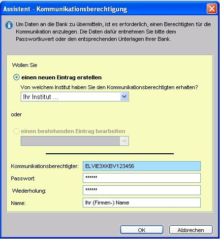 2.3 Assistent zum Einrichten der Bankdaten 1 Wählen Sie die Option Kommunikationsberechtigung, um mit der Einrichtung der Bankdaten zu beginnen!