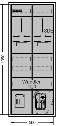 3.2 Beispiele für den Aufbau von Wandlermessungen Maße in mm Die Zählerschränke sind ohne Türen dargestellt, die Bestandteile der Wandlermessung sind grau hinterlegt.
