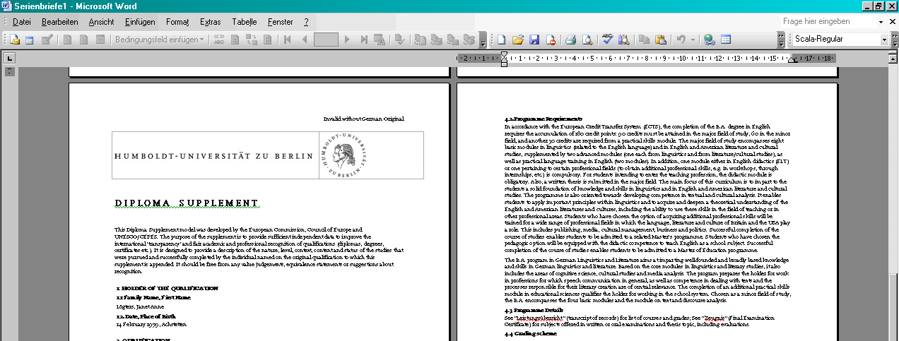"Englische" Seiten: Kontrolle/Korrektur, dann Druck auf einfaches A4-Papier, da Logo und Schriftzug mitgedruckt