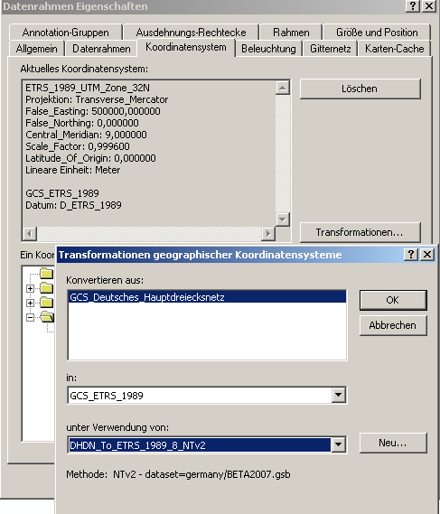 2. Temporäre Transformation (on-the-fly) ArcGIS transformiert Daten mit unterschiedlichen Koordinatensystemen direkt ( on-the-fly ).