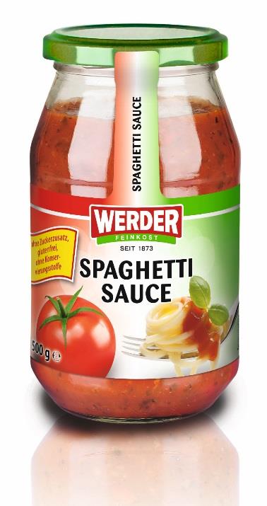 I.6. WERDER Saucen 500 g Spaghetti Sauce 500 g Art. Nr. 1521 mit Süßungsmittel EAN 440013900 972 5 Zutaten: Tomatenmark (67 %), Wasser, MHD 15 Monate Branntweinessig, Modifizierte Stärke, 10 Gl.