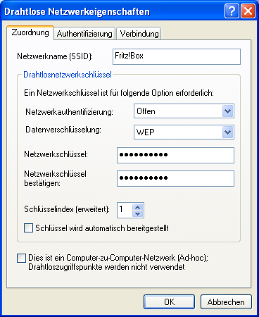 Um ein beliebtes Netzwerk hinzuzufügen: - Auf Hinzufügen klicken. Windows XP zeigt ein neues Fenster an, in dem Sie die nötigen Informationen eintragen können. - Die SSID des Netzwerks eingeben.