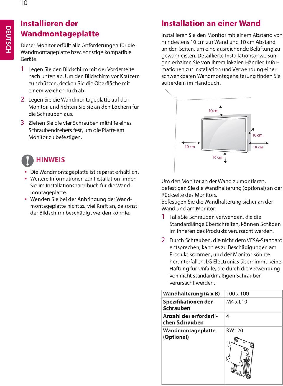 2 Legen Sie die Wandmontageplatte auf den Monitor, und richten Sie sie an den Löchern für die Schrauben aus.