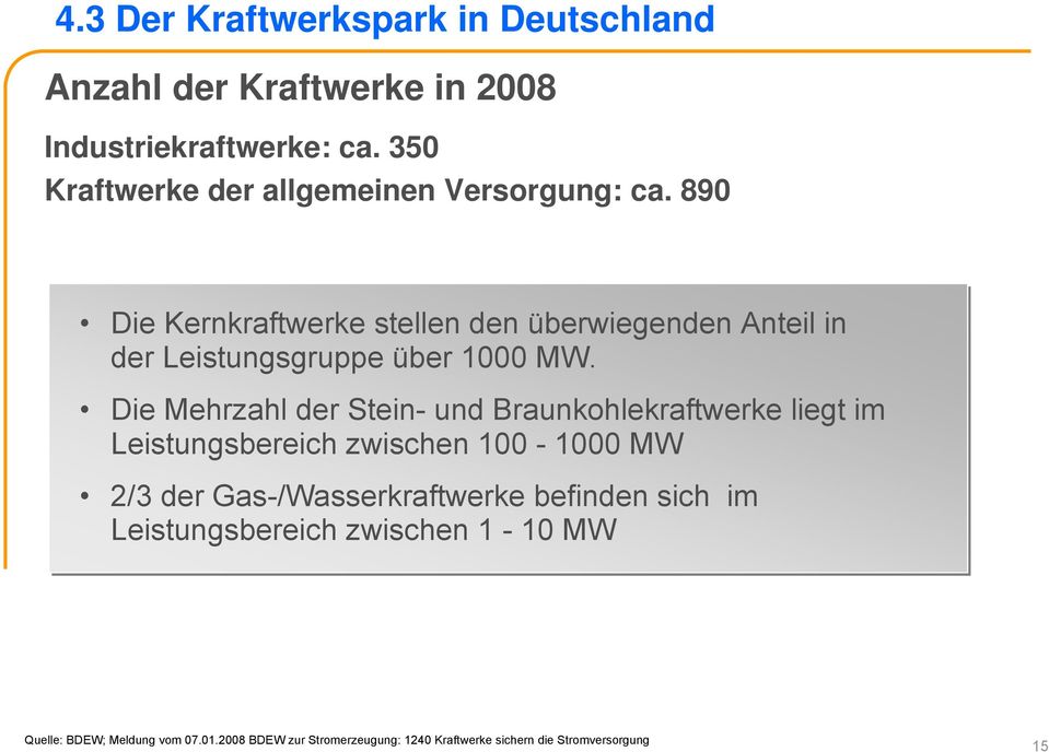 890 Die Kernkraftwerke stellen den überwiegenden Anteil in der Leistungsgruppe über 1000 MW.