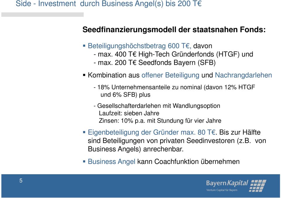 200 T Seedfonds Bayern (SFB) Kombination aus offener Beteiligung und Nachrangdarlehen - 18% Unternehmensanteile zu nominal (davon 12% HTGF und 6% SFB) plus -