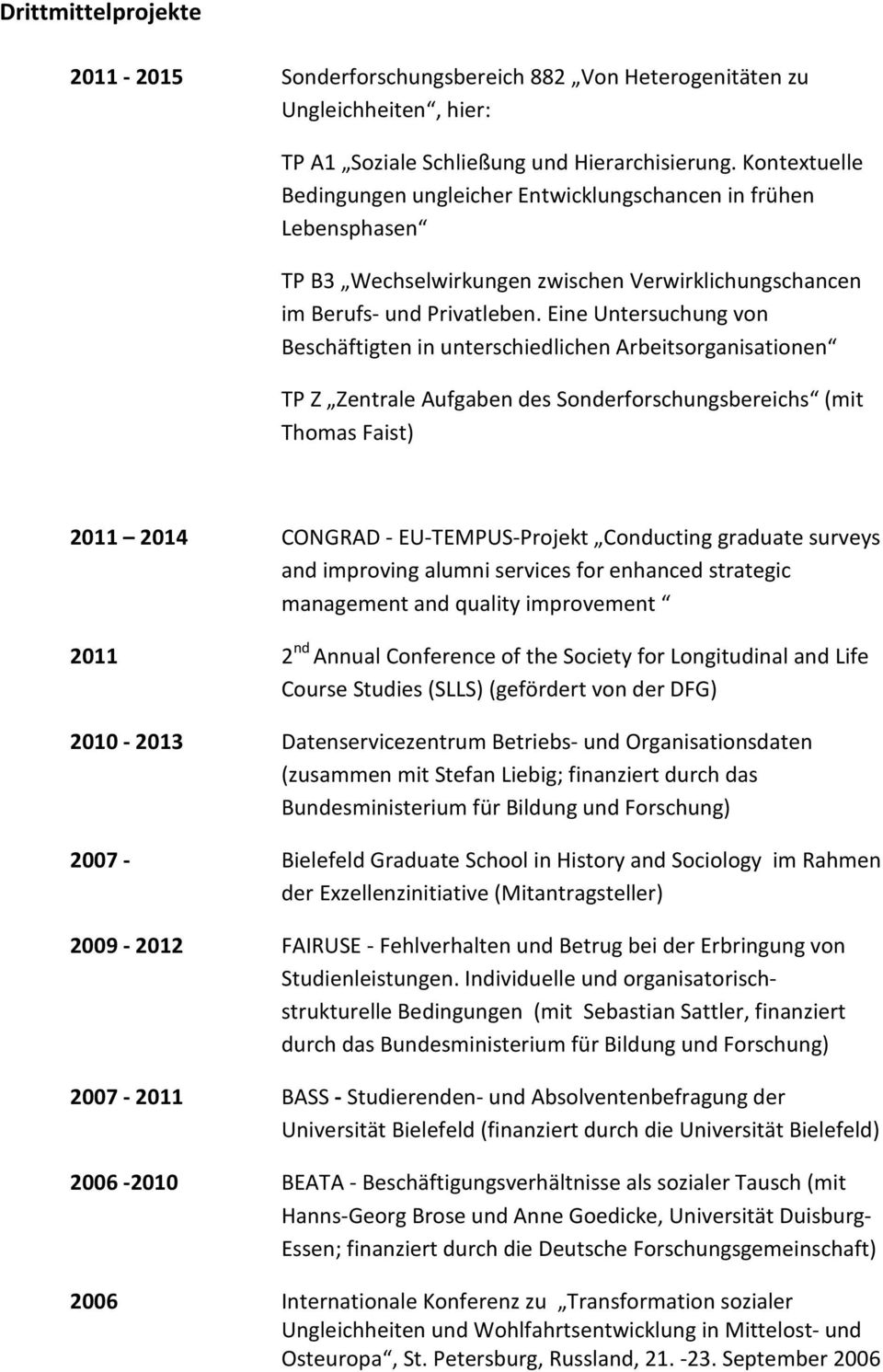 Eine Untersuchung von Beschäftigten in unterschiedlichen Arbeitsorganisationen TP Z Zentrale Aufgaben des Sonderforschungsbereichs (mit Thomas Faist) 2011 2014 CONGRAD - EU-TEMPUS-Projekt Conducting