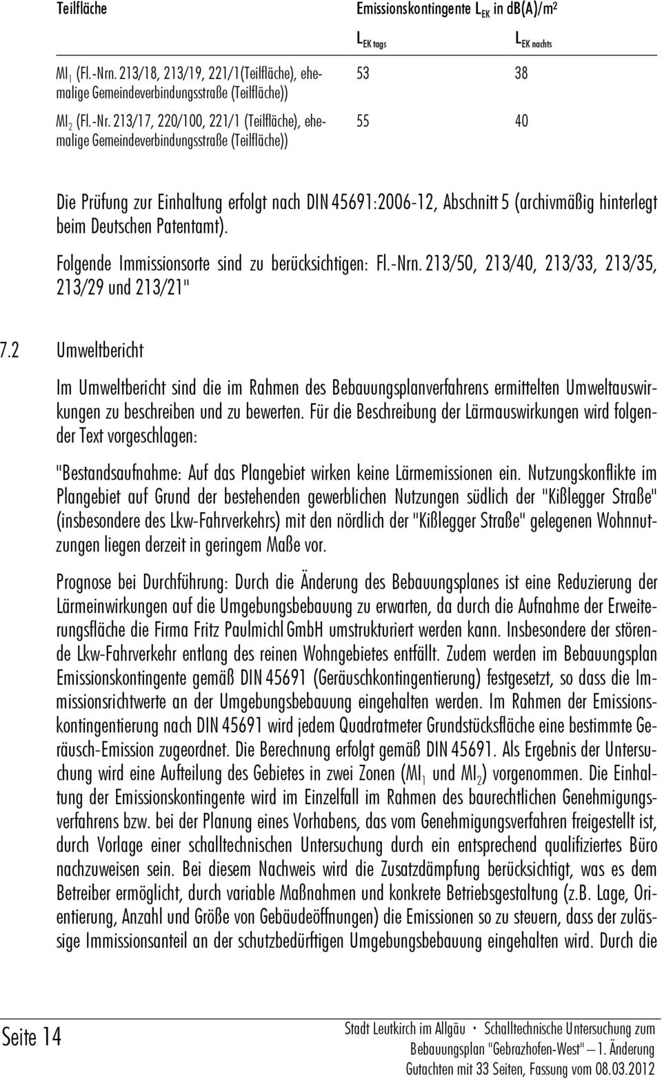 213/17, 220/100, 221/1 (Teilfläche), ehemalige Gemeindeverbindungsstraße (Teilfläche)) 53 38 55 40 Die Prüfung zur Einhaltung erfolgt nach DIN45691:2006-12, Abschnitt5 (archivmäßig hinterlegt beim