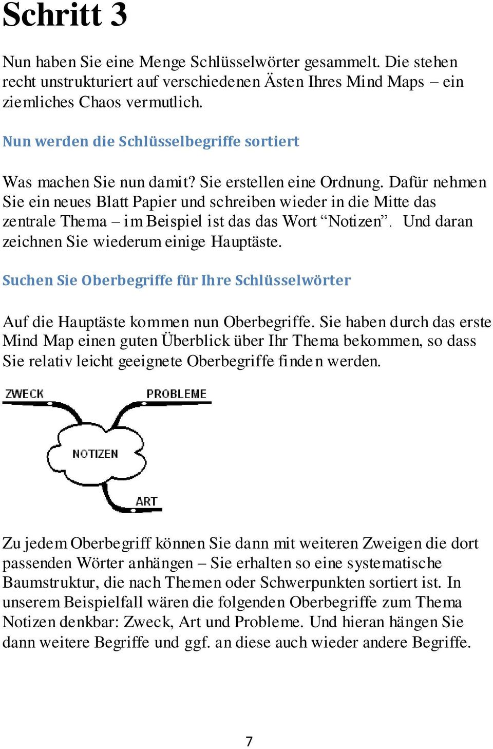 Dafür nehmen Sie ein neues Blatt Papier und schreiben wieder in die Mitte das zentrale Thema im Beispiel ist das das Wort Notizen. Und daran zeichnen Sie wiederum einige Hauptäste.