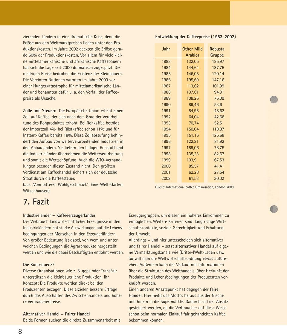 Die Vereinten Nationen warnten im Jahre 2003 vor einer Hungerkatastrophe für mittelamerikanische Länder und benannten dafür u. a. den Verfall der Kaffeepreise als Ursache.